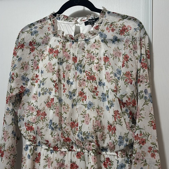Trick White Floral Long Sleeve Dress With Belt - Picture 3 of 8
